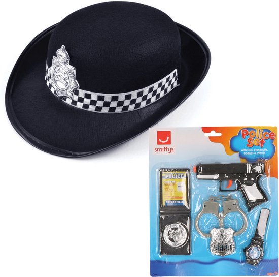 Carnaval verkleed politie agent set - pet/cap zwart - pistool/badge/handboeien set