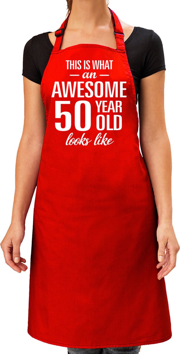 Bellatio Decorations Cadeau schort voor dames - awesome 50 year - rood - verjaardag - 50 jaar