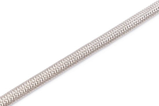 Gedetailleerd beeld van een ronde, gevlochten grijze nylon riem.