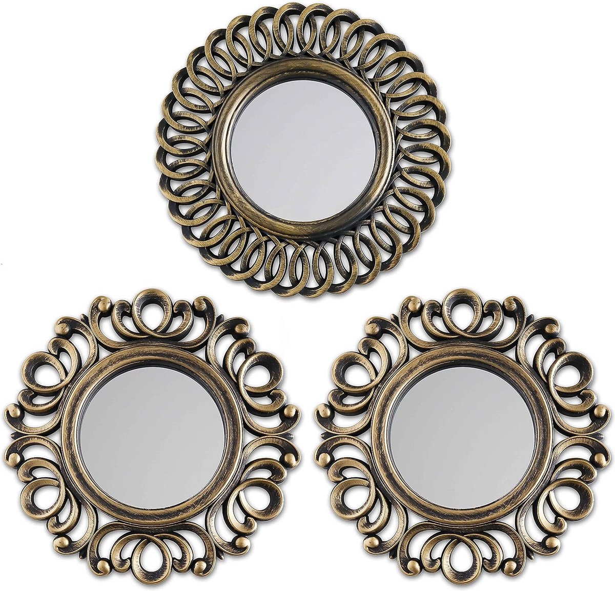 Wandspiegels Pakket 3 - | Gouden Vintage Spiegels - Huis Decoratie, Slaapkamer | Ronde Spiegels Hangende Wand Decoratie | Kleine Spiegels - Chic Woonaccessoires | Geschenk Vrouwen & Mama
