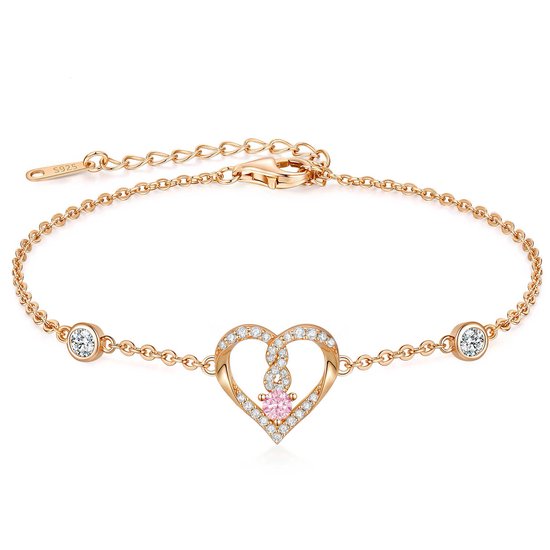 Rosé armband met roze hartje en strass - 17 cm - Valentijnsdag - Moederdag Cadeau - Geschenkset Vrouwen - Cadeau voor Vrouw - Verjaardagscadeau - Cadeau - Geschenk voor haar - Kerst Cadeau - Juwelia