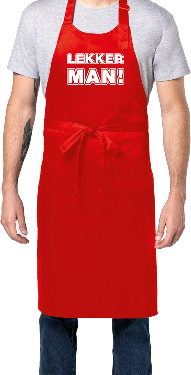 Zomertip! - Keukenschort Lekker Man | Rood | Dames/Heren | Verstelbaar | Cadeau-idee | BBQ | Verjaardag | Jubileum | Verrassing | Grapje