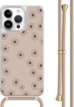 Casimoda® hoesje met beige koord - Geschikt voor iPhone 13 Pro Max - Cute Flowers - Afneembaar koord - TPU/polycarbonaat - Zwart