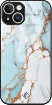 Casimoda® hoesje - Geschikt voor iPhone 13 - Marmer Lichtblauw - Luxe Hard Case Zwart - Backcover telefoonhoesje - Blauw