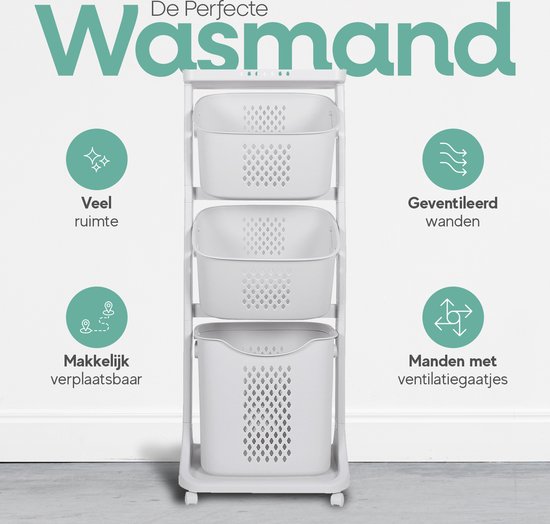 Sens Design Wassorteerder – Wasmand met 3 vakken - op wieltjes