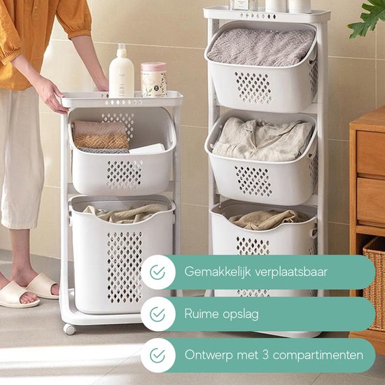 Sens Design Wassorteerder – Wasmand met 3 vakken - op wieltjes