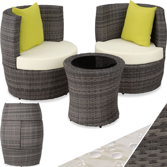 tectake® Poly Rattan Bistroset mit Aluminium Gestell, platzsparend zusammenschiebbar, Gartenmöbel Set mit 2 Stühlen und Tisch, Outdoor Möbel