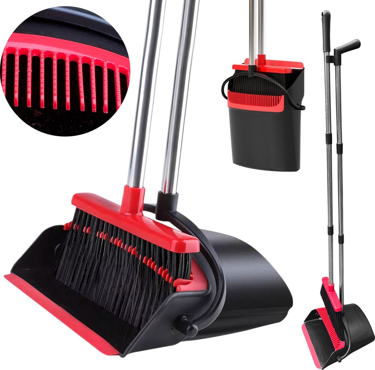 Goedkoopste TTD® Stoffer en Blik met Lange Steel XXL - Verstelbaar 54-263 cm - Bezem - Bezemsteel - Veger en Blik - Vuilblik voor Binnen en Buiten - Ingebouwde Schoonmaaktanden