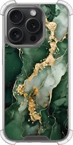 Shockproof hoesje - Geschikt voor iPhone 15 Pro - Marmer groen goud - Extra sterke case - TPU/polycarbonaat - Marmer - Groen, Transparant