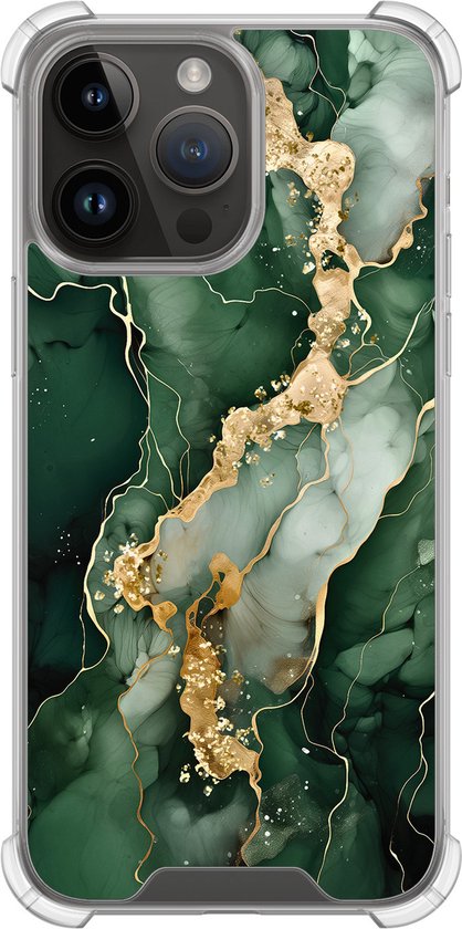 Coque antichoc iPhone 14 Pro Max - Marbre vert or - Coque Extra résistante - TPU/polycarbonate - Vert, Transparent