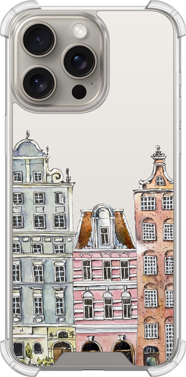 Shockproof hoesje - Geschikt voor iPhone 15 Pro Max - Grachtenpandjes - Extra sterke case - TPU/polycarbonaat - Print / Illustratie - Multi, Transparant