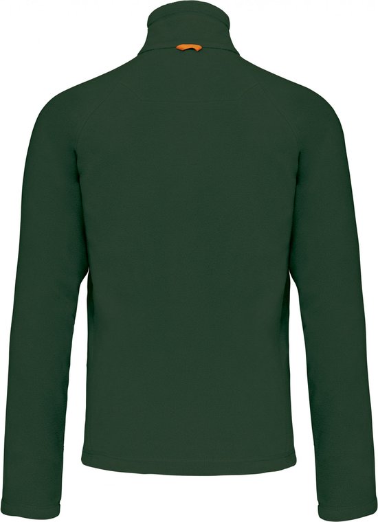 Dos d'une veste polaire verte avec détail orange sur le col.