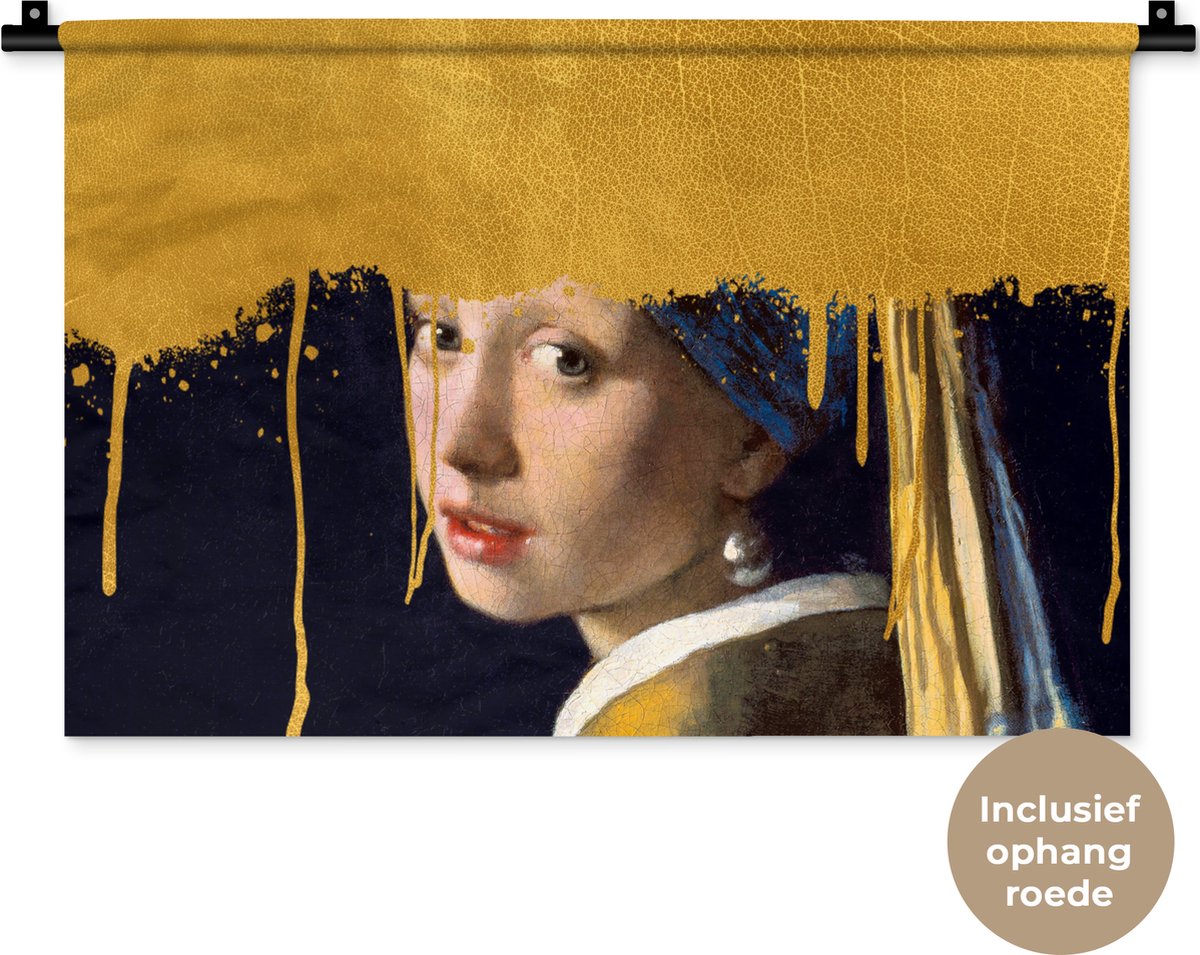 Wandkleed - Wanddoek - Meisje met de parel - Goud - Vermeer - 60x40 cm - Wandtapijt