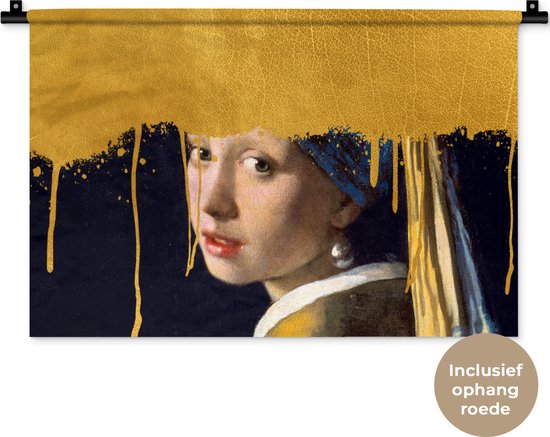 Wandkleed - Wanddoek - Meisje met de parel - Goud - Vermeer - 60x40 cm - Wandtapijt