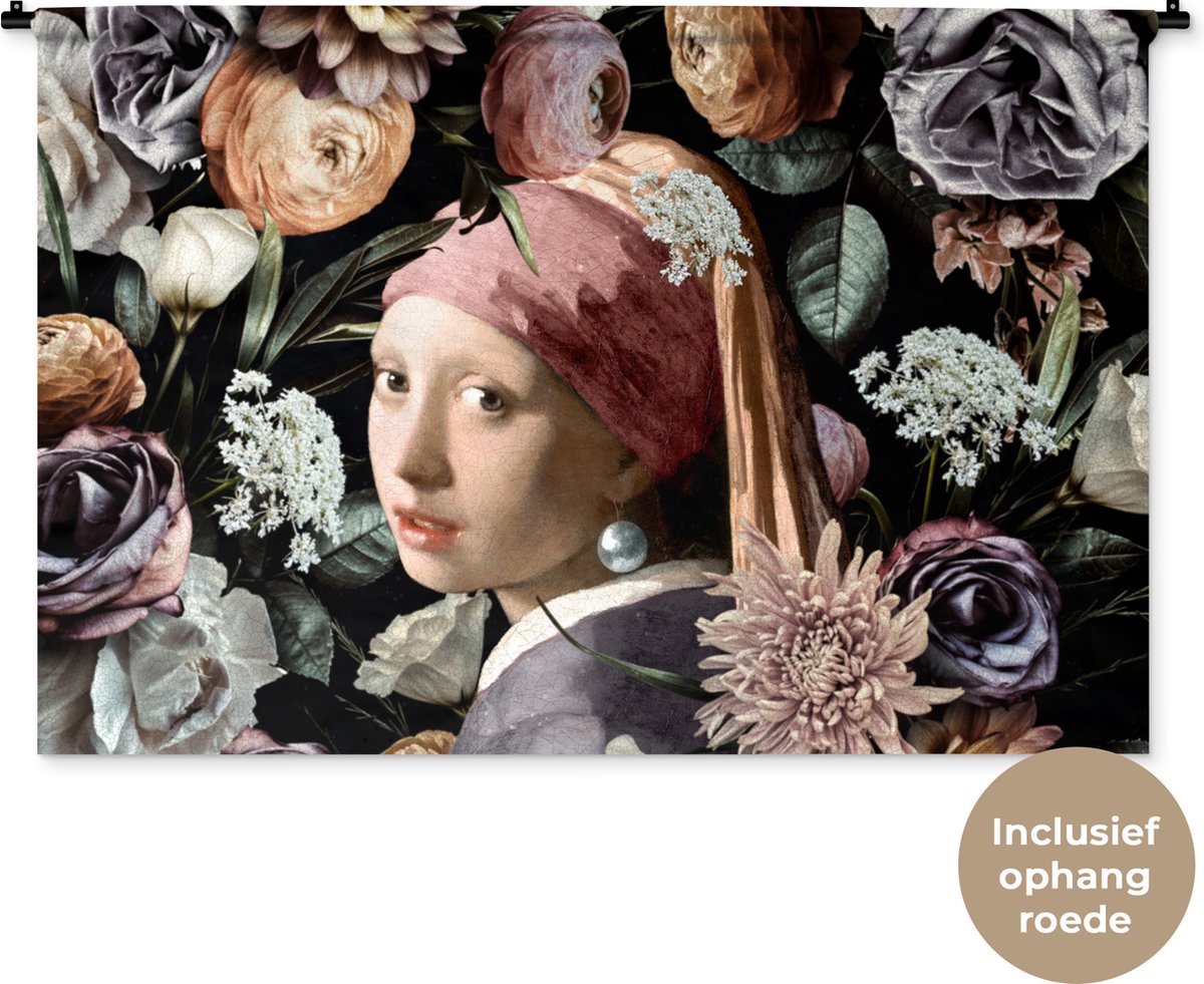Wandkleed - Wanddoek - Meisje met de parel - Bloemen - Vermeer - Pastel - Kunstwerk - Schilderij - Oude meesters - 120x80 cm - Wandtapijt