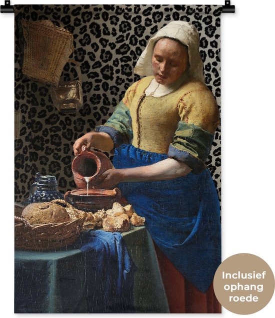 Wandkleed - Wanddoek - Melkmeisje - Kunst - Panterprint - Vermeer - Schilderij - Oude meesters - 60x90 cm - Wandtapijt