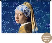 Wandkleed - Wanddoek - Meisje met de parel - Delfts blauw - Vermeer - Bloemen - Schilderij - Oude meesters - 180x120 cm - Wandtapijt