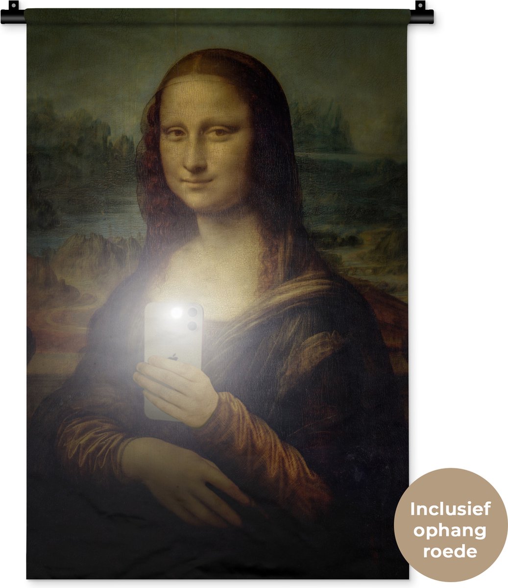 Wandkleed - Wanddoek - Mona Lisa - Telefoon - Da Vinci - 60x90 cm - Wandtapijt