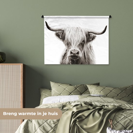 Tenture murale - Tissu mural - Highlander écossais - Animaux - Zwart - Wit - 90x67,5 cm - Tapisserie