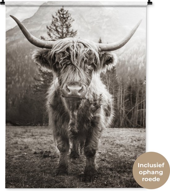 Tenture murale - Tissu mural - Highlander écossais - Zwart - Wit - Animaux - 120x160 cm - Tapisserie murale