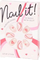Nep Nagels Love story - Kunststof - Wit / Rood / Roze - 24 Nagels met Lijm - Almond Shape - Plak nagels - Kunstnagels