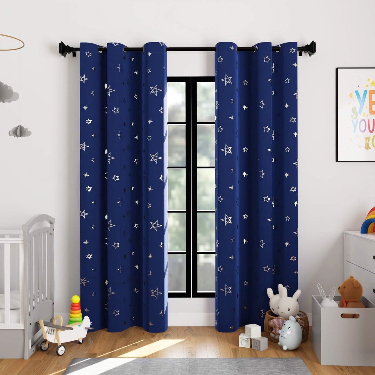 Rideaux Encasa 113x137cm Imprimé étoiles Argent - Bloque 85% Lumière - 100% Polyester - 8 Oeillets