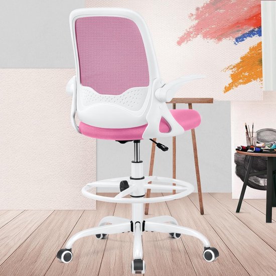 Bureaustoel, ergonomisch, bureaustoel met omklapbare armleuningen en lendensteun, in hoogte verstelbare draaistoel met voetensteunring, geschikt voor thuis, kantoor, roze