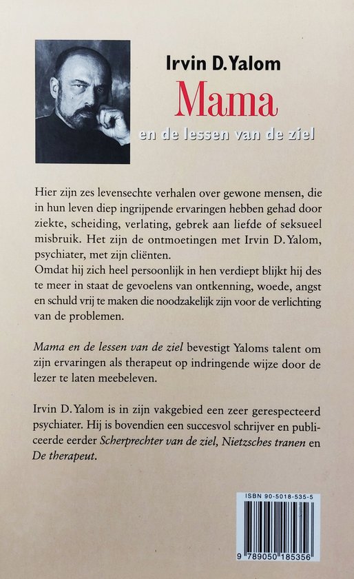 Boekcover achterkant: Portret van Irvin D. Yalom, titel 'Mama en de lessen van de ziel', ISBN en beschrijving.