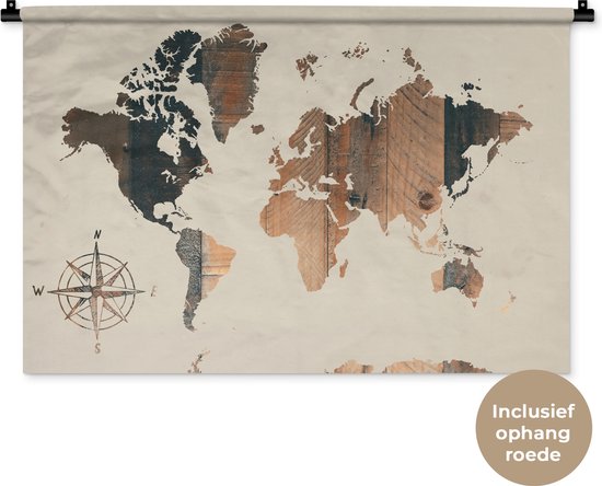 Wandkleed WereldkaartenKerst illustraties - Wereldkaart van donker hout met een windroos op een rozige achtergrond Wandkleed katoen 90x60 cm - Wandtapijt met foto