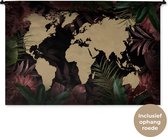 Wandkleed WereldkaartenKerst illustraties - Zandkleurige wereldkaart op zwarte achtergrond met tropische bladeren en bloemen Wandkleed katoen 150x100 cm - Wandtapijt met foto