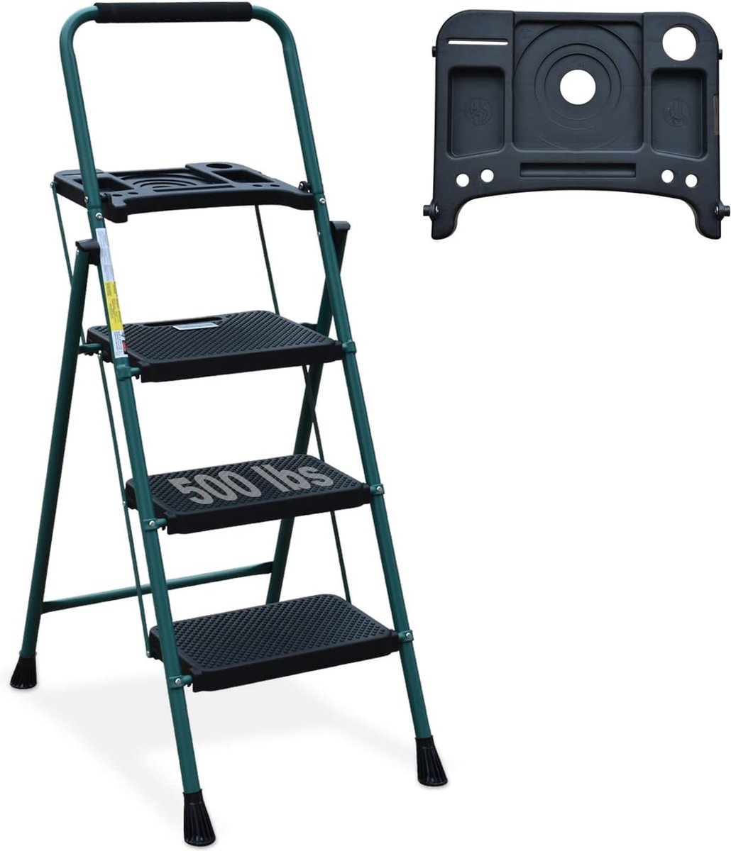 Ladder 3 treden met gereedschapsplatform, breed anti-slip pedaal, robuuste stalen ladder, comfortabele handgreep, lichte 150 kg draagbare stalen kruk, groen en zwart