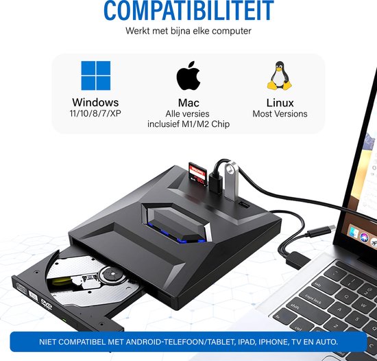 Santel - Externe DVD CD Speler en Brander voor Laptop & Macbook - 3-in-1 - CD/DVD - USB 3.0 & USB C - USB hub met 2 Poorten - Gratis SD adapter - Plug & Play - Santel