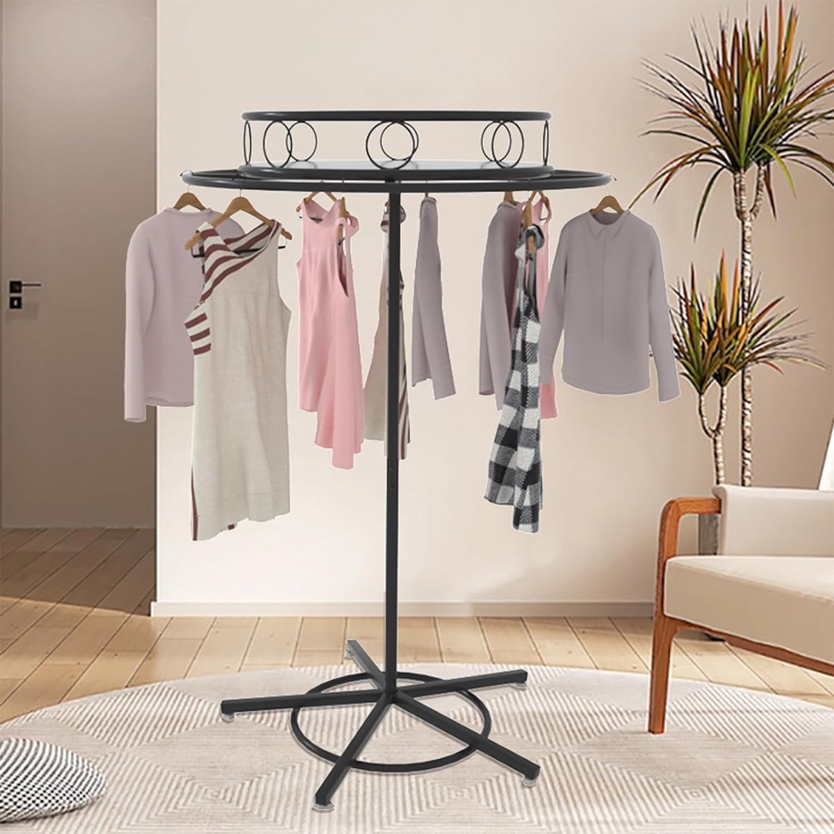 Porte-vêtements Rond Rotatif 360° - Diamètre 140 Cm - Noir - Pour Boutique Ou Dressing - Montage Facile - 4