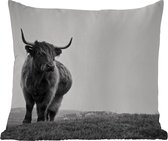 Buitenkussen Weerbestendig - Dieren - Schotse hooglander - Zwart wit - Natuur - Landelijk - 50x50 cm