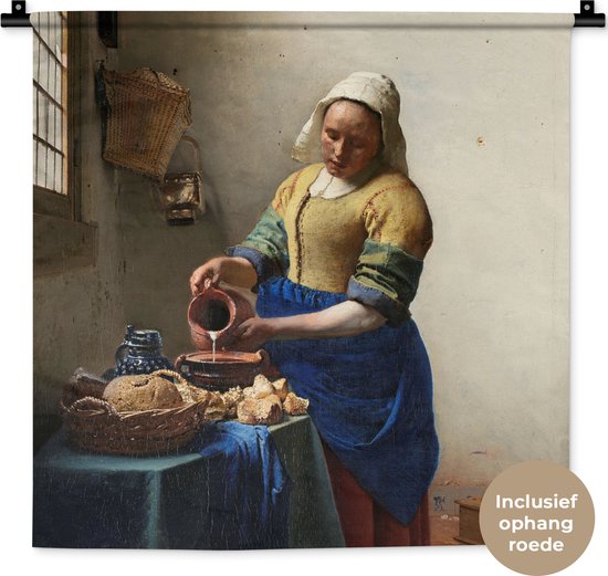 Wandkleed - Wanddoek - Het melkmeisje - Schilderij van Johannes Vermeer - 60x60 cm - Wandtapijt