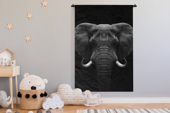 Wandkleed - Wanddoek - Dieren - Olifant - Portret - Zwart - Wit - 120x180 cm - Wandtapijt
