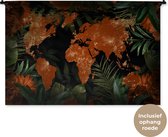 Wandkleed WereldkaartenKerst illustraties - Bruinoranje wereldkaart omlijst met tropische bladeren en oranje bloemen Wandkleed katoen 150x100 cm - Wandtapijt met foto