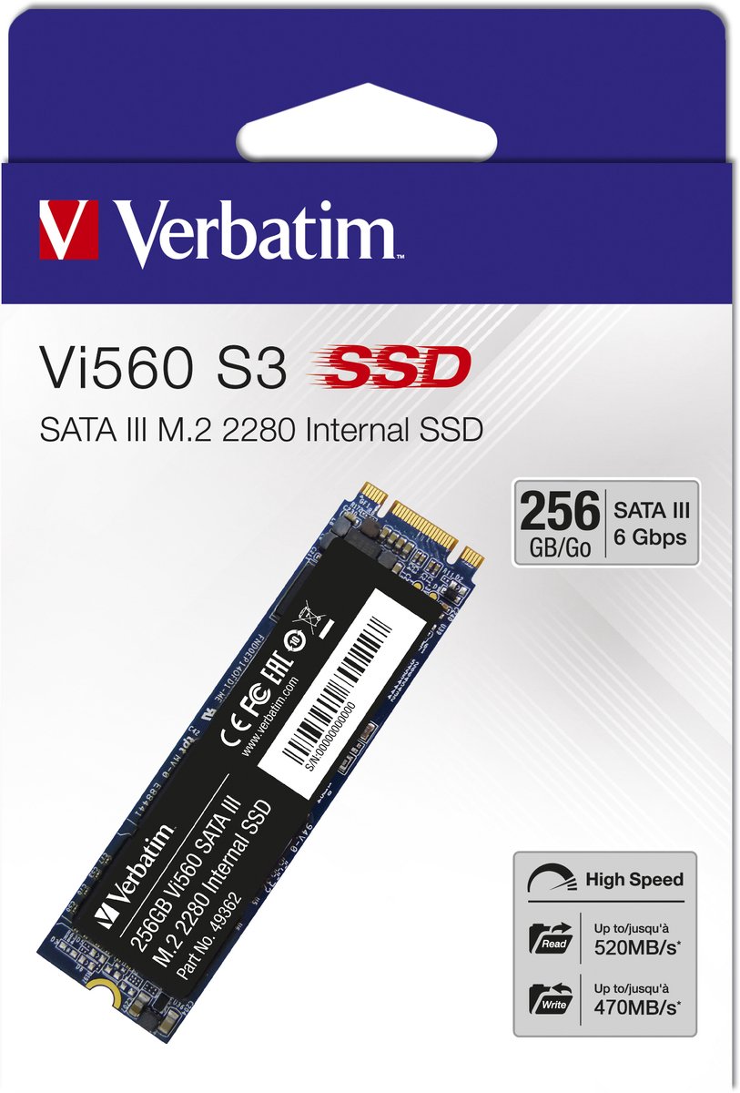 Verbatim Vi560 256 GB SATA M.2 SSD 2280 harde schijf M.2 SATA 6 Gb/s Retail 49362