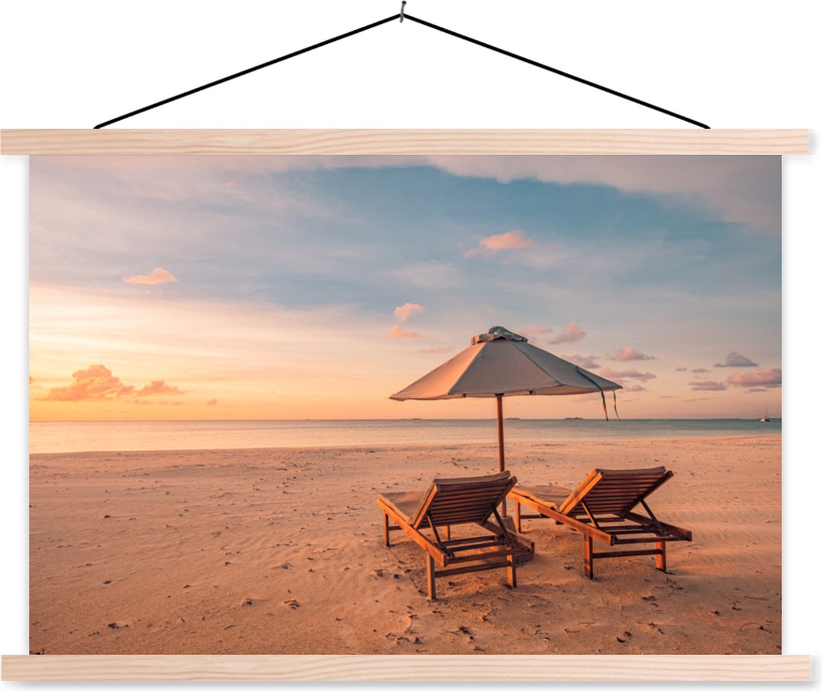 Posterhanger incl. Poster 150x100 cm - Schoolplaat - Strand - Ligbed - Parasol - Textielpo