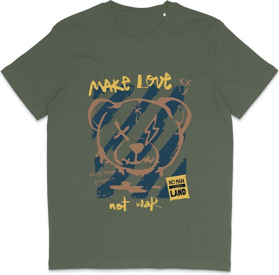 Heren Dames T Shirt - Print en Quote: Make Love No War - Khaki - XS