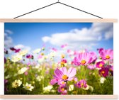 Posterhanger incl. Poster - Schoolplaat - Bloemen - Wei - Paars - Gras - Wit - Wolken - Blauw - 150x100 cm - Blanke latten