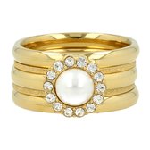 My Bendel - Bague en or sertie de perles blanches et de pierres de zircone - Set de bagues d'une perle blanche, de pierres de zircone, de poussière d'étoile et d'anneaux d'extension lisses - Avec emballage cadeau luxueux