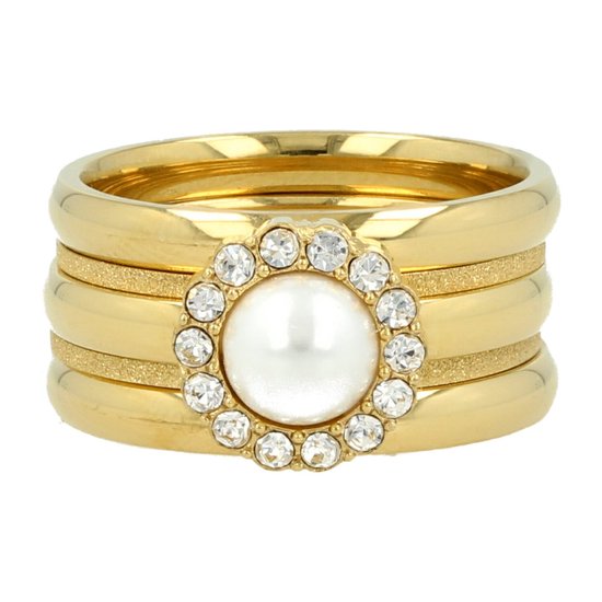 My Bendel - Gouden ringenset met witte parel en zirkonia steentjes - Ringenset goud met een witte parel, zirkonia steentjes, stardust en gladde aanschuifringen - Met luxe cadeauverpakking