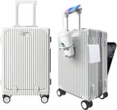 Airline Goedgekeurd handbagage met spinner-wielen, 20 inch koffer met aluminium frame, geïntegreerd TSA-slot, met USB-poort en beker, mobiele telefoonhouder reiskoffer, wit, Ontwerp met