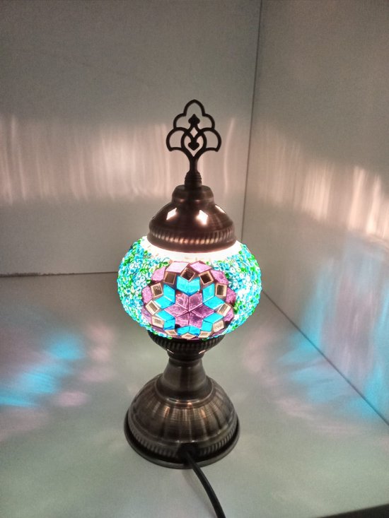 Oosterse Glans - Handgemaakte Mozaïeklamp - Tafellamp Ø25cm -Blauw/Roze