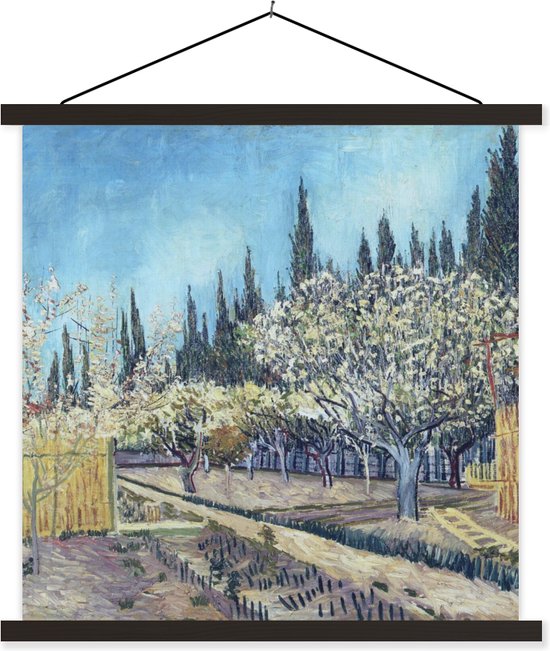 Posterhanger incl. Poster - Schoolplaat - Boomgaard tegen cipressen - Vincent van Gogh - 90x90 cm - Zwarte latten