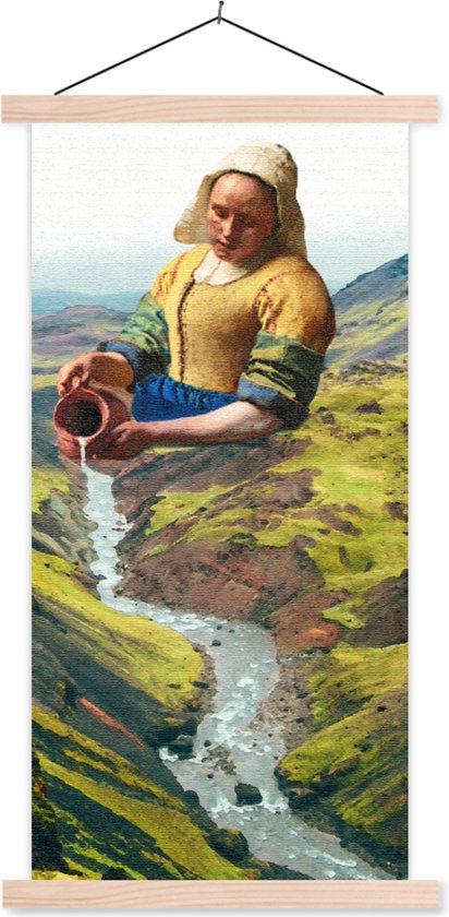 Posterhanger incl. Poster 60x120 cm - Schoolplaat - Melkmeisje - Natuur - Vermeer - Textielposter - Blanke latten