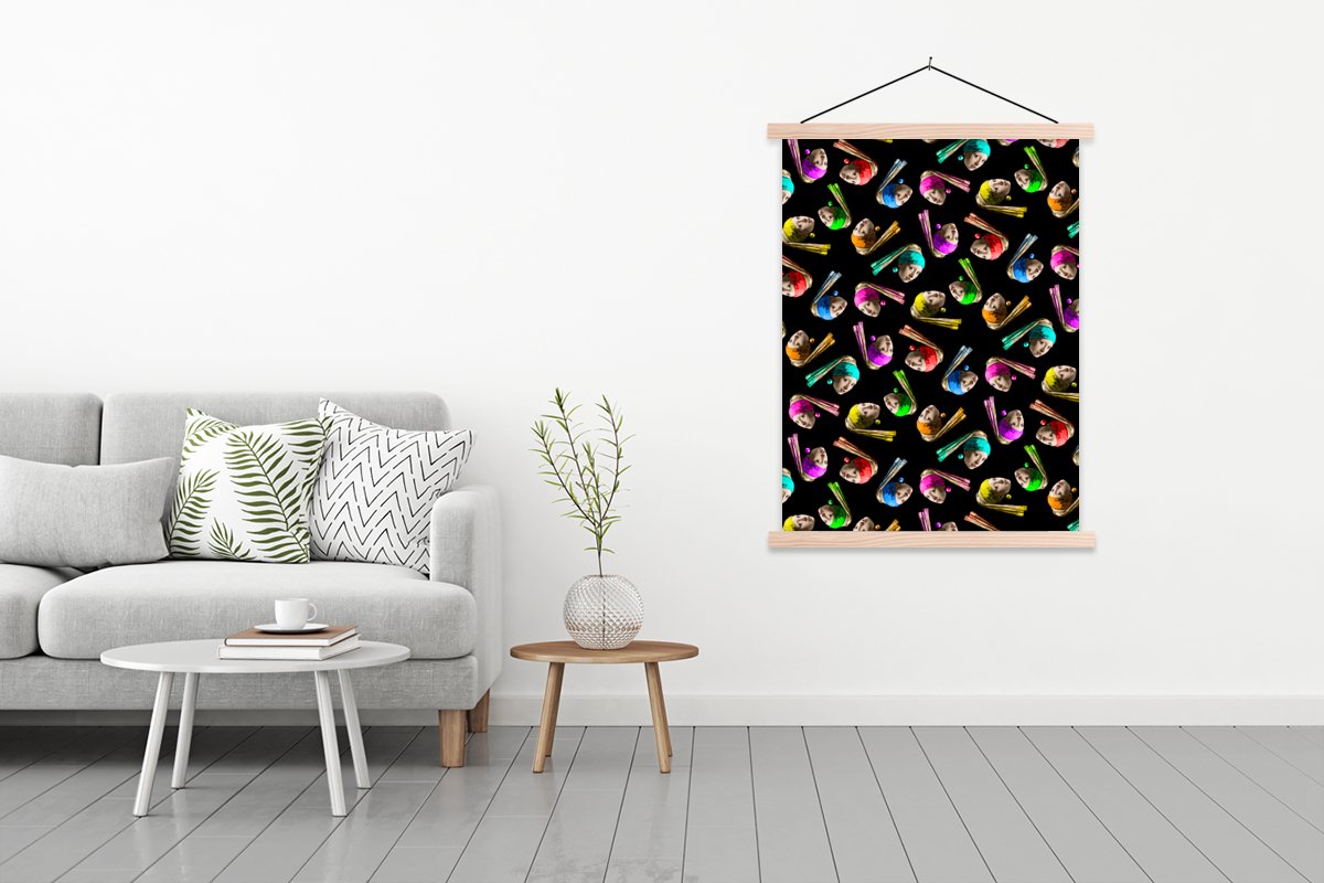 Posterhanger incl. Poster 120x160 cm - Schoolplaat - Meisje met de parel - Patronen - Regenboog - Textielposter - Blanke latten