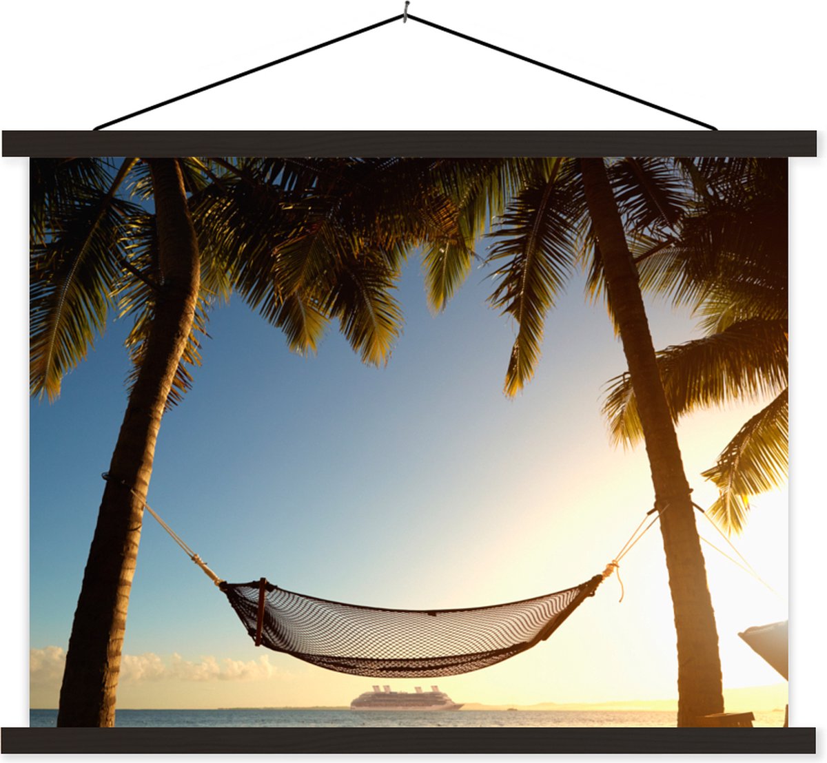 Posterhanger incl. Poster 40x30 cm - Schoolplaat - Palmboom - Hangmat - Zonsondergang - Textielposter - Zwarte latten