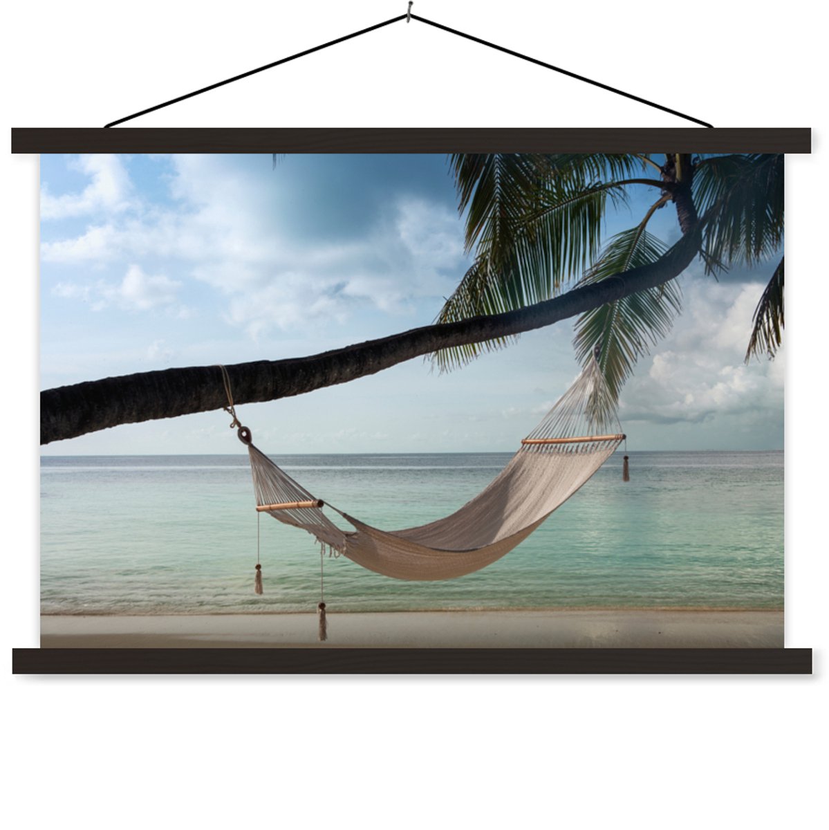 Posterhanger incl. Poster 120x80 cm - Schoolplaat - Palmboom - Hangmat - Strand - Textielposter - Zwarte latten